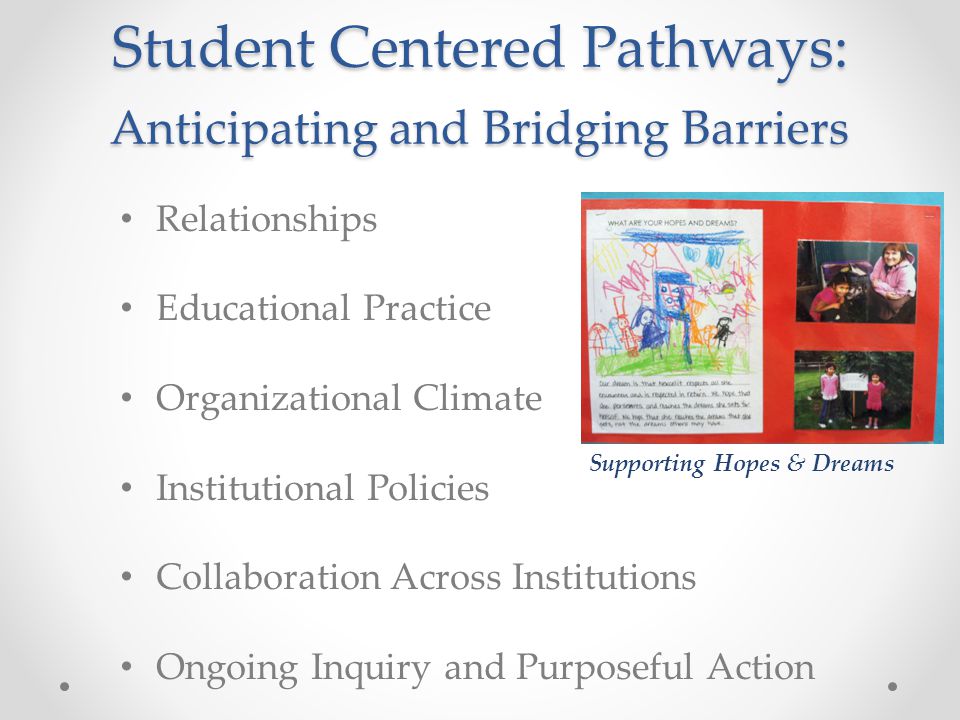 Student Centered Pathways: Anticipating and Bridging Barriers Relationships Educational Practice Organizational Climate Institutional Policies Collaboration Across Institutions Ongoing Inquiry and Purposeful Action Supporting Hopes & Dreams