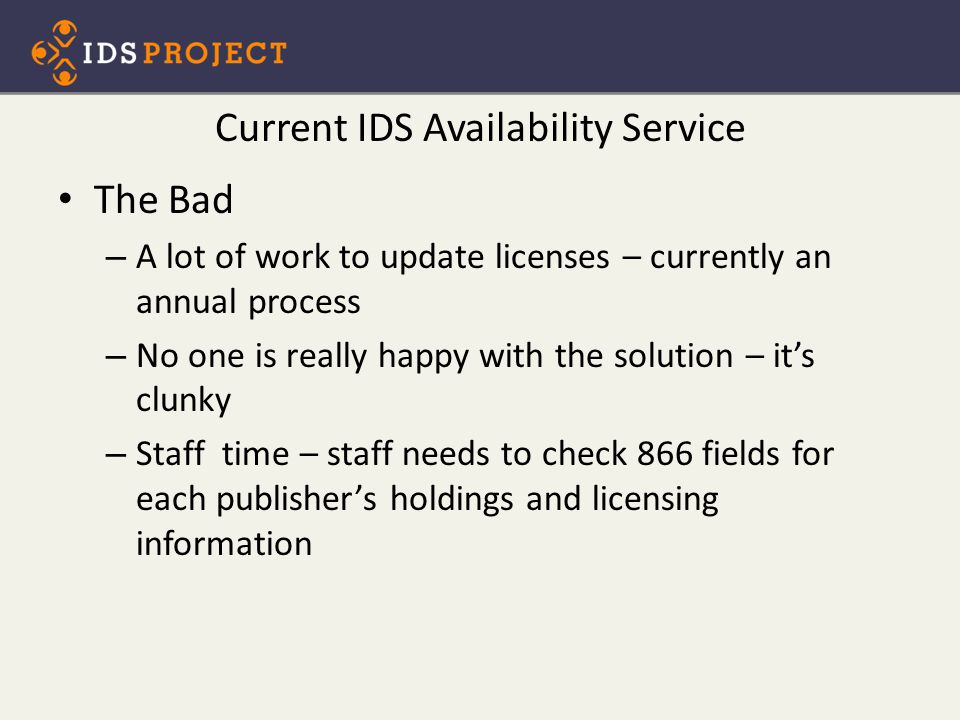 Current IDS Availability Service The Bad – A lot of work to update licenses – currently an annual process – No one is really happy with the solution – it’s clunky – Staff time – staff needs to check 866 fields for each publisher’s holdings and licensing information