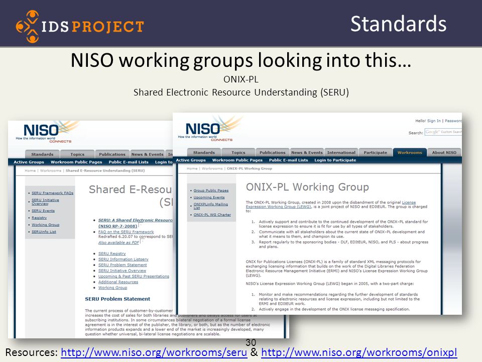 NISO working groups looking into this… ONIX-PL Shared Electronic Resource Understanding (SERU) 30 Standards Resources:   &