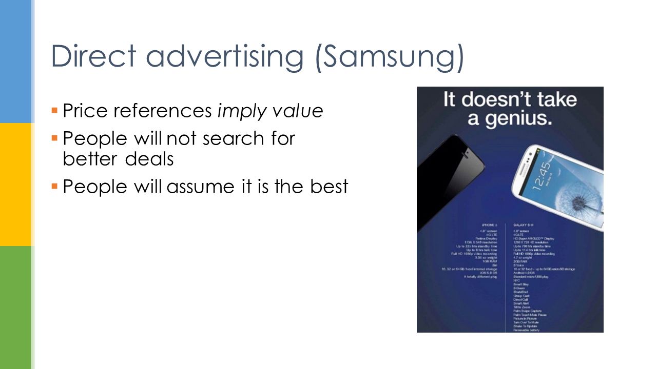  Price references imply value  People will not search for better deals  People will assume it is the best Direct advertising (Samsung)