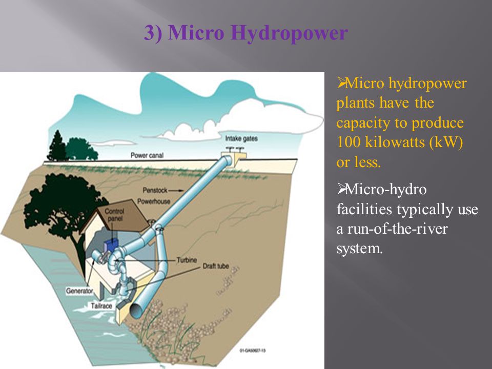 MM icro hydropower plants have the capacity to produce 100 kilowatts (kW) or less.