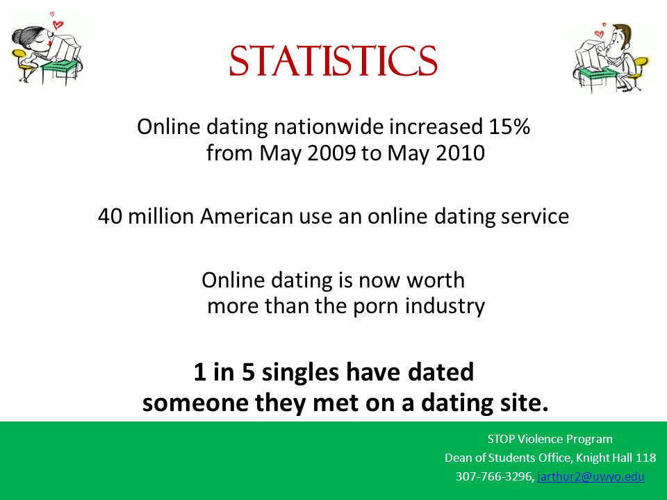 statistics STOP Violence Program Dean of Students Office, Knight Hall , Online dating nationwide increased 15% from May 2009 to May million American use an online dating service Online dating is now worth more than the porn industry 1 in 5 singles have dated someone they met on a dating site.