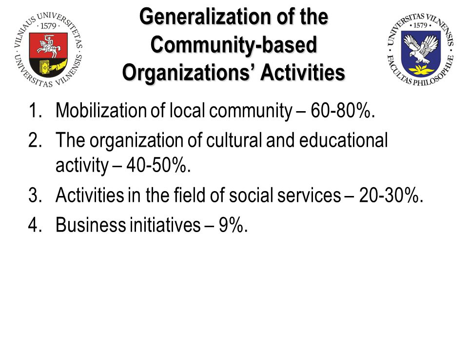 Generalization of the Community-based Organizations’ Activities 1.Mobilization of local community – 60-80%.
