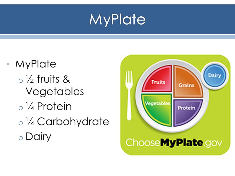 MyPlate o ½ fruits & Vegetables o ¼ Protein o ¼ Carbohydrate o Dairy