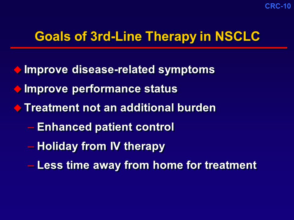 CRC-10 Goals of 3rd-Line Therapy in NSCLC  Improve disease-related symptoms  Improve performance status  Treatment not an additional burden –Enhanced patient control –Holiday from IV therapy –Less time away from home for treatment  Improve disease-related symptoms  Improve performance status  Treatment not an additional burden –Enhanced patient control –Holiday from IV therapy –Less time away from home for treatment