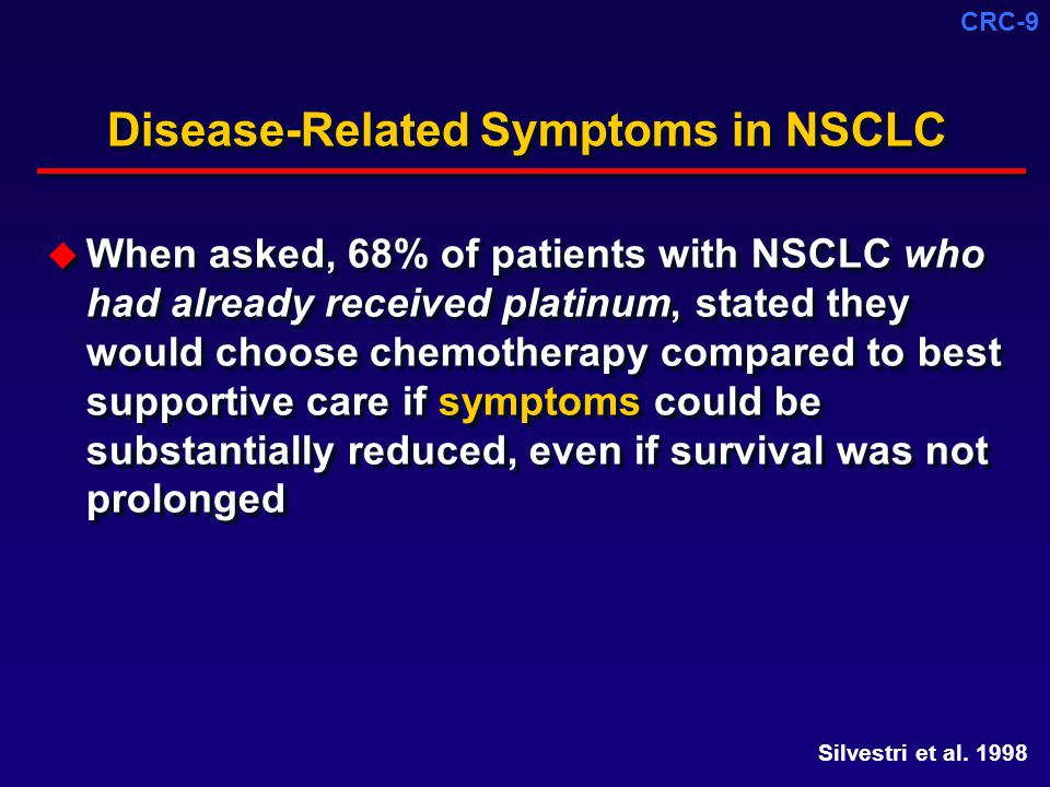 CRC-9 Disease-Related Symptoms in NSCLC  When asked, 68% of patients with NSCLC who had already received platinum, stated they would choose chemotherapy compared to best supportive care if symptoms could be substantially reduced, even if survival was not prolonged Silvestri et al.