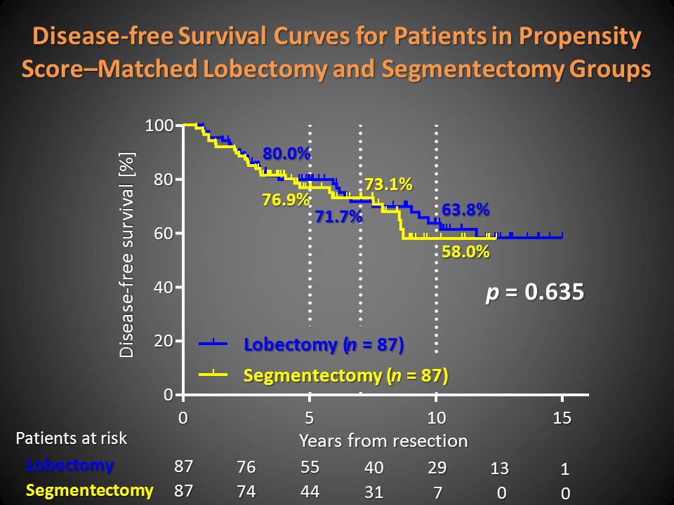 Disease-free Survival Curves for Patients in Propensity Score–Matched Lobectomy and Segmentectomy Groups D i s e a s e - f r e e s u r v i v a l [ % ] Patients at risk Lobectomy Segmentectomy % 71.7% 63.8% 76.9% 73.1% 58.0% p = = 0.635