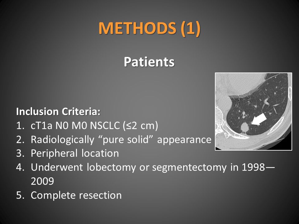 METHODS (1) Patients Inclusion Criteria: 1.cT1a N0 M0 NSCLC (≤2 cm) 2.Radiologically pure solid appearance 3.Peripheral location 4.Underwent lobectomy or segmentectomy in 1998— Complete resection