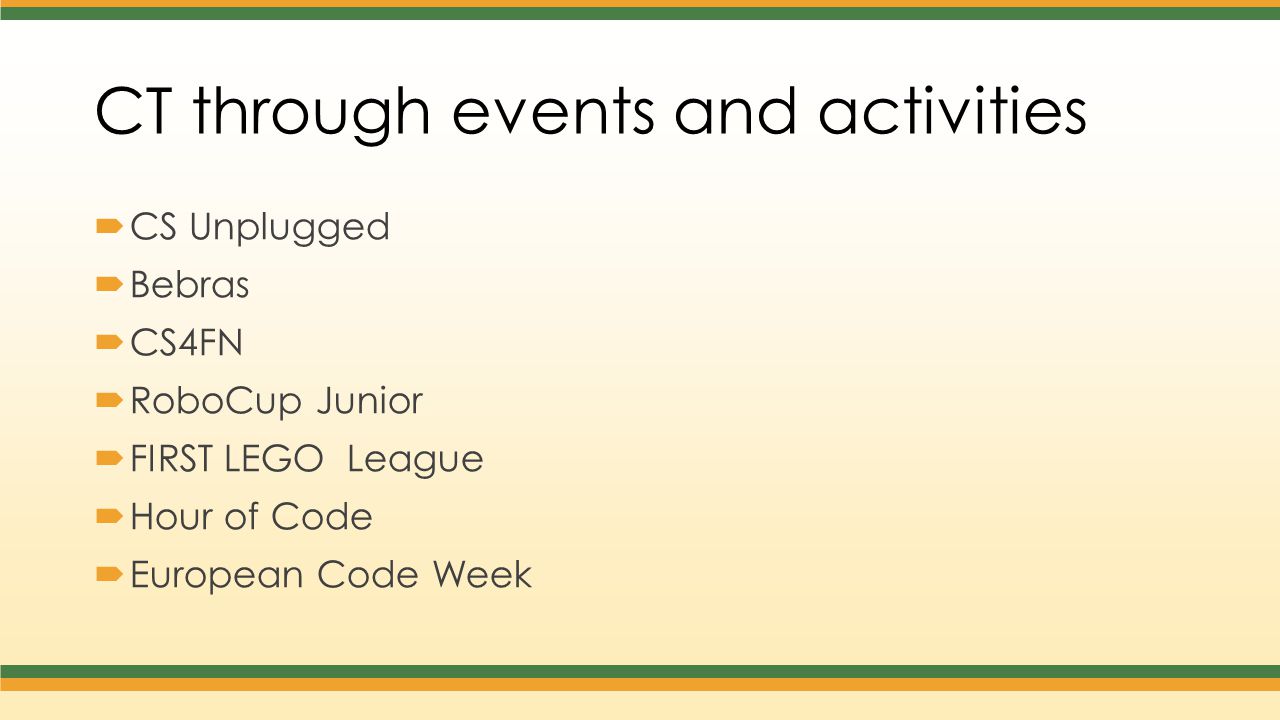 CT through events and activities  CS Unplugged  Bebras  CS4FN  RoboCup Junior  FIRST LEGO League  Hour of Code  European Code Week