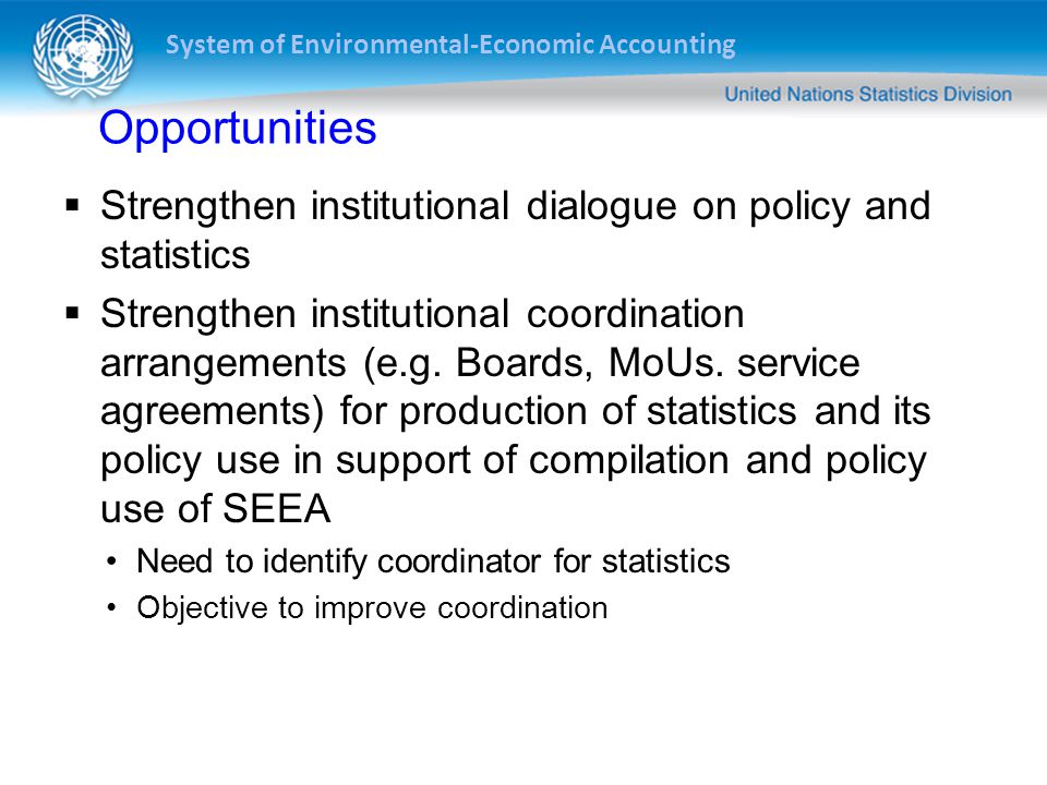 System of Environmental-Economic Accounting Opportunities  Strengthen institutional dialogue on policy and statistics  Strengthen institutional coordination arrangements (e.g.