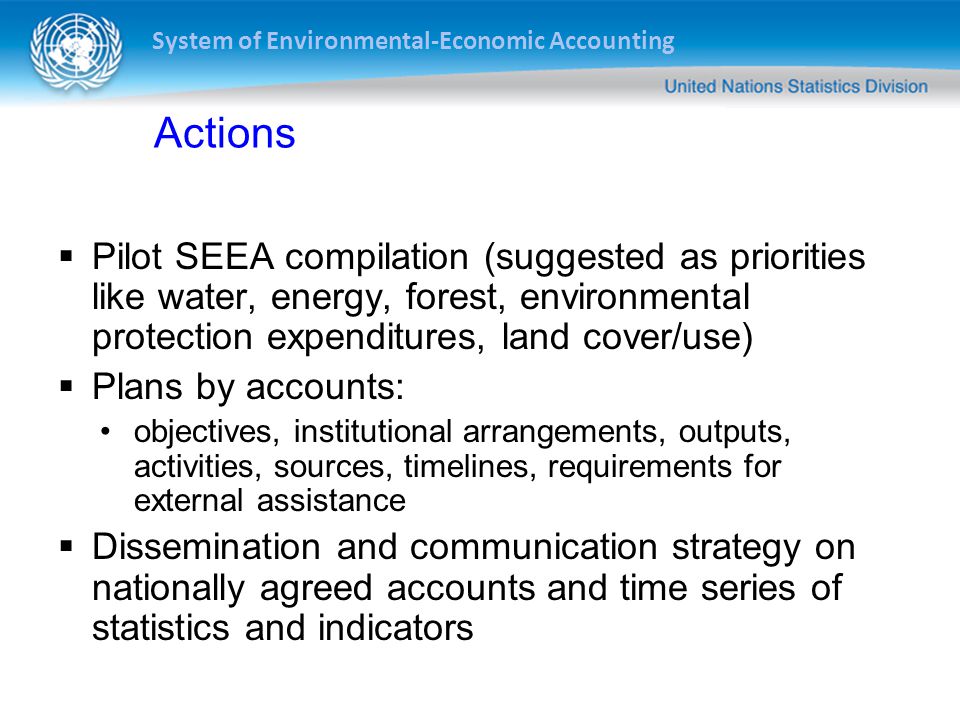 System of Environmental-Economic Accounting Actions  Pilot SEEA compilation (suggested as priorities like water, energy, forest, environmental protection expenditures, land cover/use)  Plans by accounts: objectives, institutional arrangements, outputs, activities, sources, timelines, requirements for external assistance  Dissemination and communication strategy on nationally agreed accounts and time series of statistics and indicators