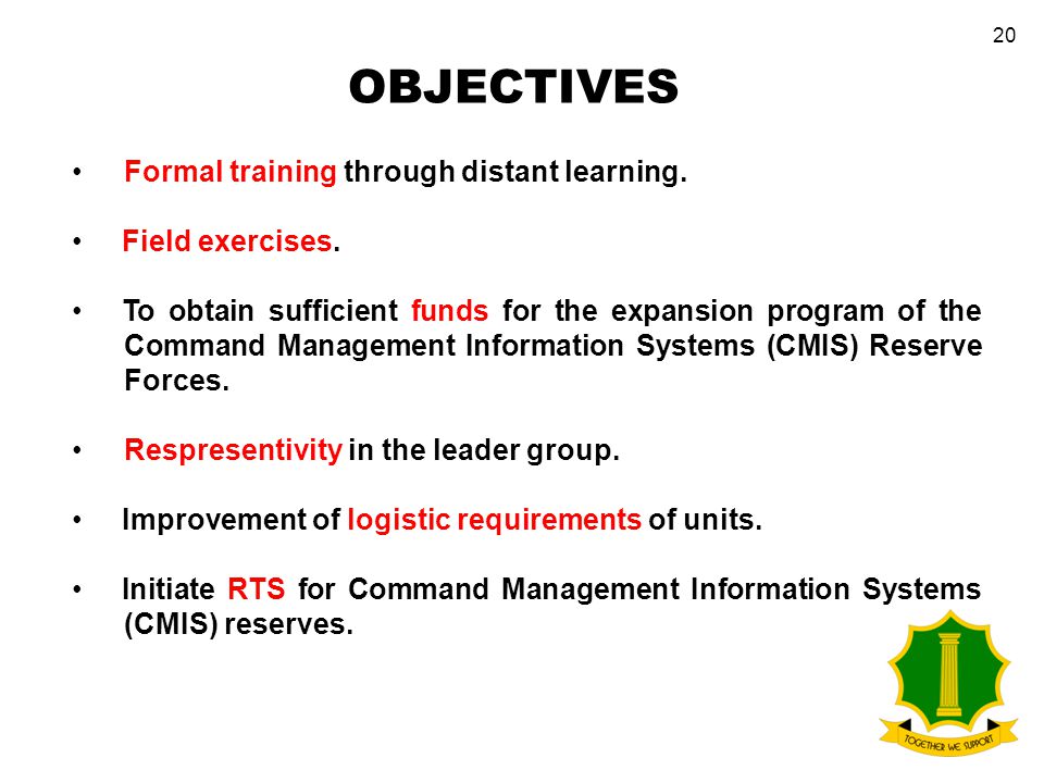 20 OBJECTIVES Formal training through distant learning.