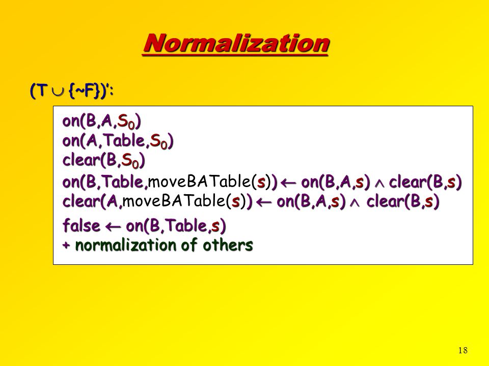 18 Normalization (T  {~F})’: on(B,A,S 0 ) on(A,Table,S 0 ) clear(B,S 0 ) on(B,Table,moveBATable(s))  on(B,A,s)  clear(B,s) clear(A,moveBATable(s))  on(B,A,s)  clear(B,s) false  on(B,Table,s) + normalization of others