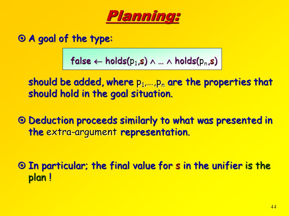 44 Planning: false  holds(p 1,s)  …  holds(p n,s)  A goal of the type:  should be added, where p 1,…,p n are the properties that should hold in the goal situation.
