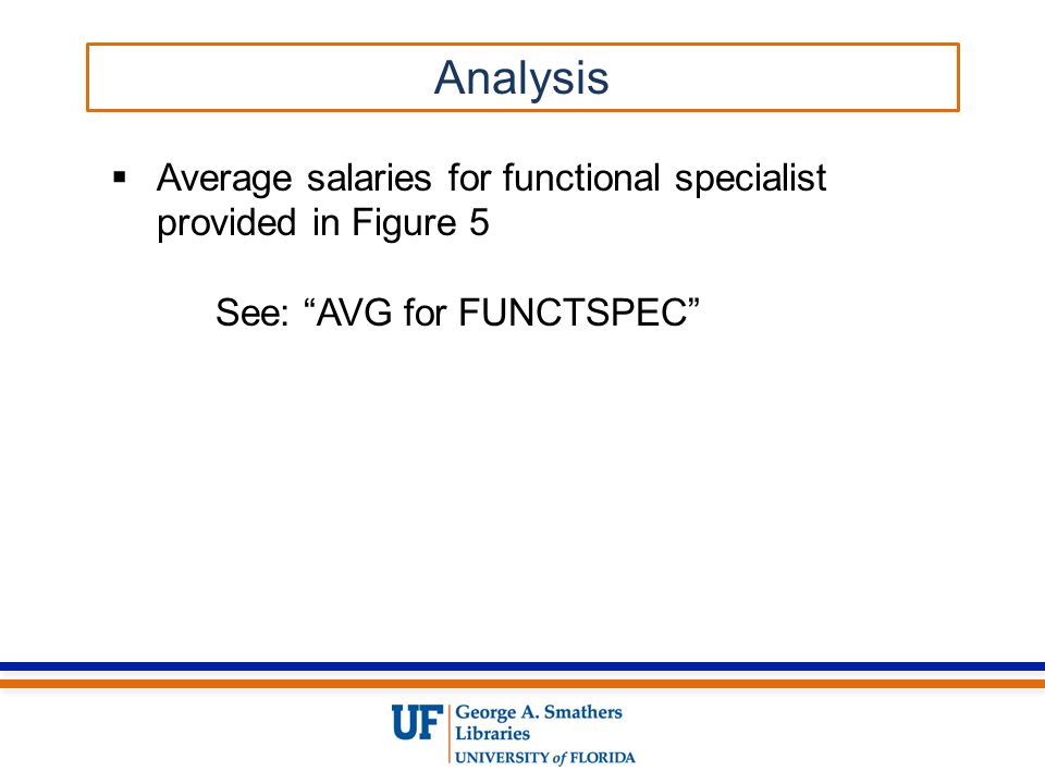  Average salaries for functional specialist provided in Figure 5 See: AVG for FUNCTSPEC Analysis
