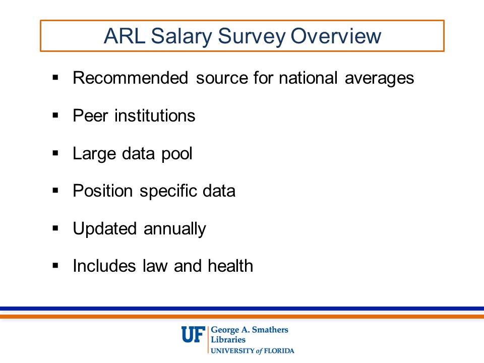 Recommended source for national averages  Peer institutions  Large data pool  Position specific data  Updated annually  Includes law and health ARL Salary Survey Overview