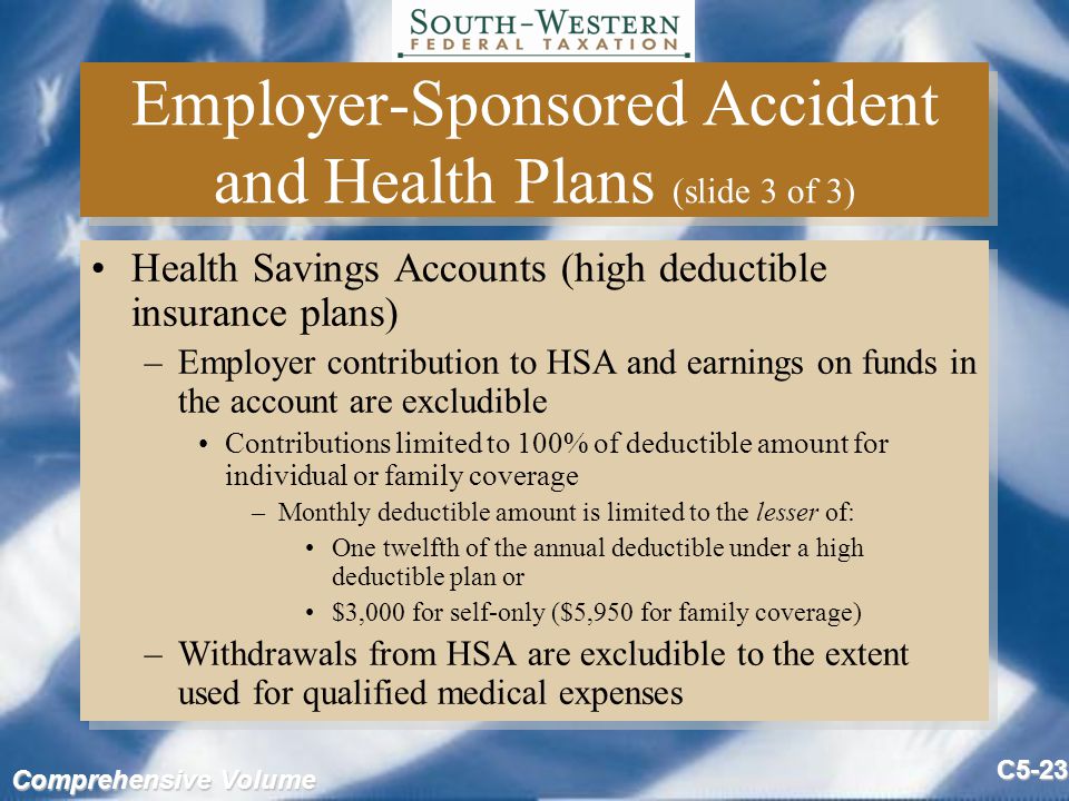 Comprehensive Volume C5-23 Employer-Sponsored Accident and Health Plans (slide 3 of 3) Health Savings Accounts (high deductible insurance plans) –Employer contribution to HSA and earnings on funds in the account are excludible Contributions limited to 100% of deductible amount for individual or family coverage –Monthly deductible amount is limited to the lesser of: One twelfth of the annual deductible under a high deductible plan or $3,000 for self-only ($5,950 for family coverage) –Withdrawals from HSA are excludible to the extent used for qualified medical expenses Health Savings Accounts (high deductible insurance plans) –Employer contribution to HSA and earnings on funds in the account are excludible Contributions limited to 100% of deductible amount for individual or family coverage –Monthly deductible amount is limited to the lesser of: One twelfth of the annual deductible under a high deductible plan or $3,000 for self-only ($5,950 for family coverage) –Withdrawals from HSA are excludible to the extent used for qualified medical expenses