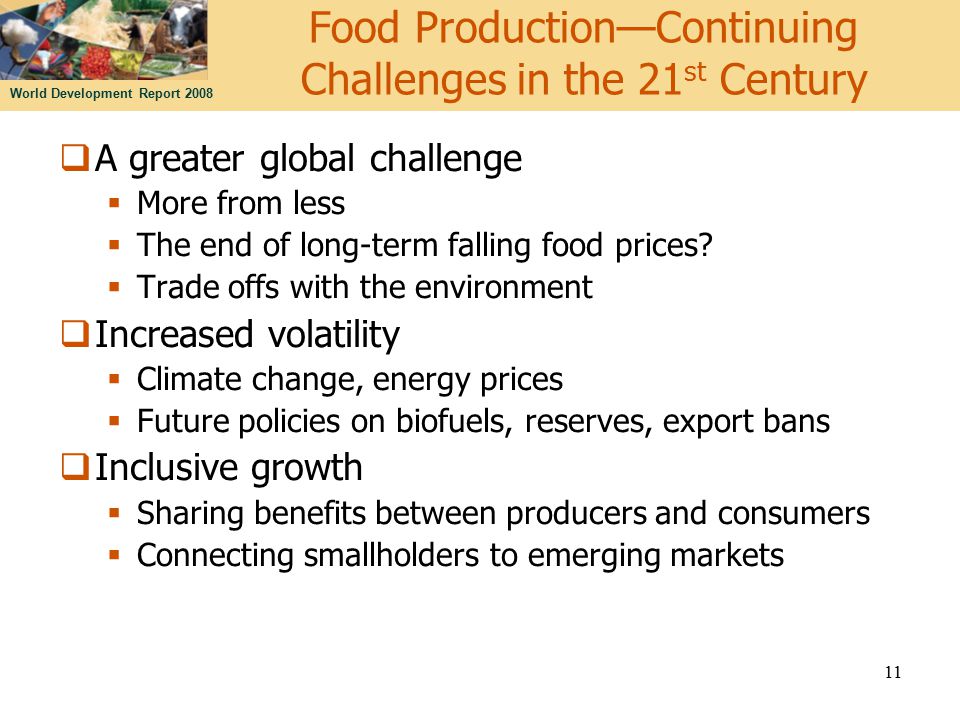 World Development Report Food Production—Continuing Challenges in the 21 st Century  A greater global challenge  More from less  The end of long-term falling food prices.