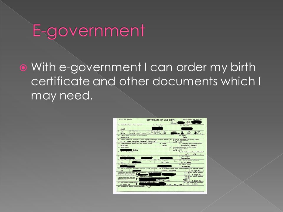  With e-government I can order my birth certificate and other documents which I may need.