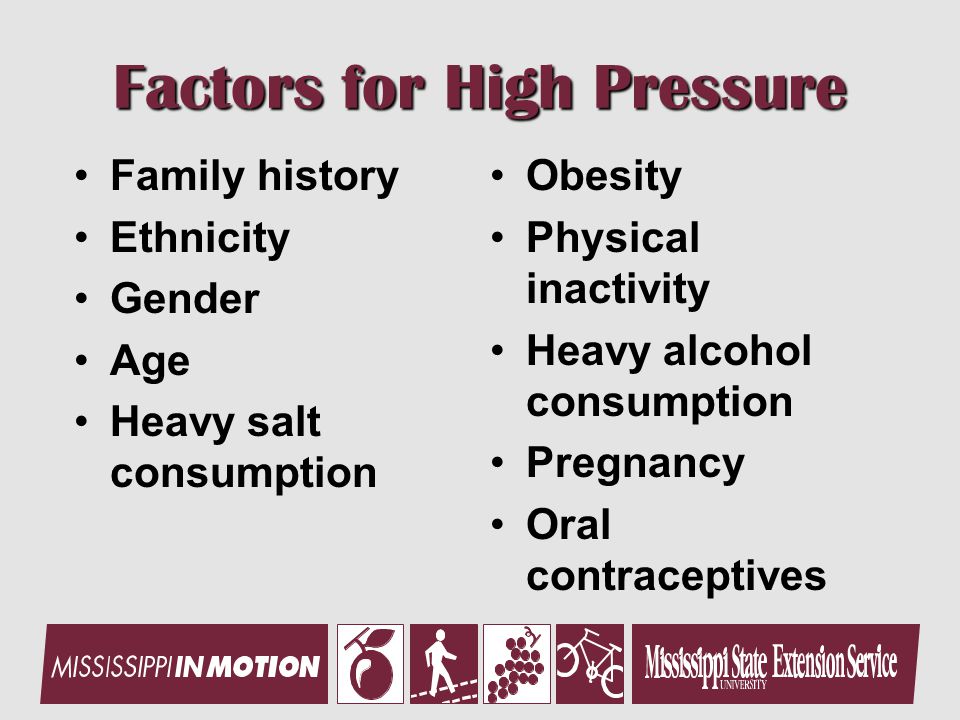 Factors for High Pressure Family history Ethnicity Gender Age Heavy salt consumption Obesity Physical inactivity Heavy alcohol consumption Pregnancy Oral contraceptives
