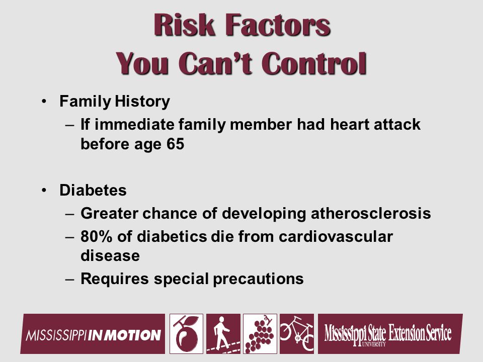 Risk Factors You Can’t Control Family History –If immediate family member had heart attack before age 65 Diabetes –Greater chance of developing atherosclerosis –80% of diabetics die from cardiovascular disease –Requires special precautions