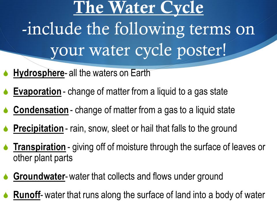 Morbosidad China Recuerdo The Water Cycle Page 101. The Water Cycle -include the following terms on  your water cycle poster!  Hydrosphere - all the waters on Earth   Evaporation. - ppt download