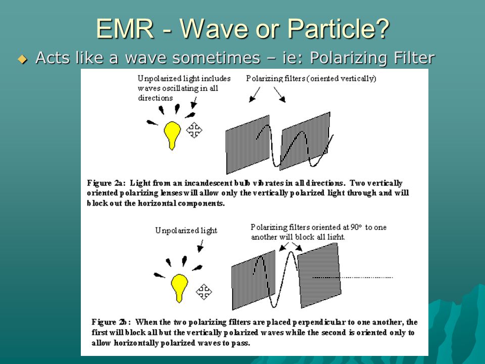 EMR - Wave or Particle  Acts like a wave sometimes – ie: Polarizing Filter