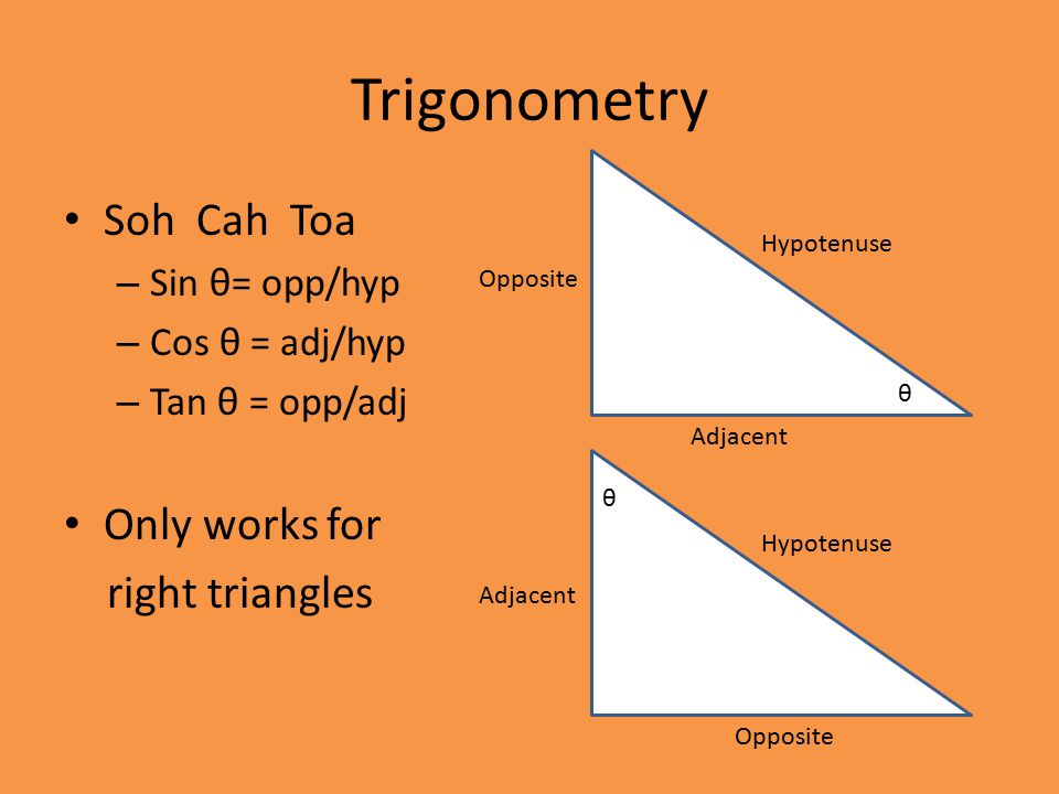 Trigonometry Soh Cah Toa – Sin θ= opp/hyp – Cos θ = adj/hyp – Tan θ = opp/adj Only works for right triangles Hypotenuse Opposite Adjacent θ Hypotenuse Opposite Adjacent θ