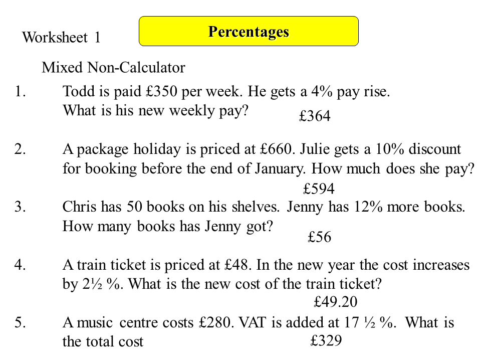 Percentages Worksheet 1 Mixed Non-Calculator 1.Todd is paid £350 per week.