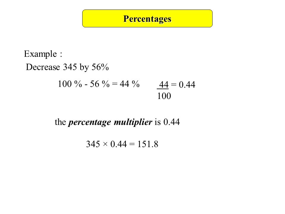 Percentages Example : Decrease 345 by 56% the percentage multiplier is % - 56 % = 44 % 44 = × 0.44 = 151.8