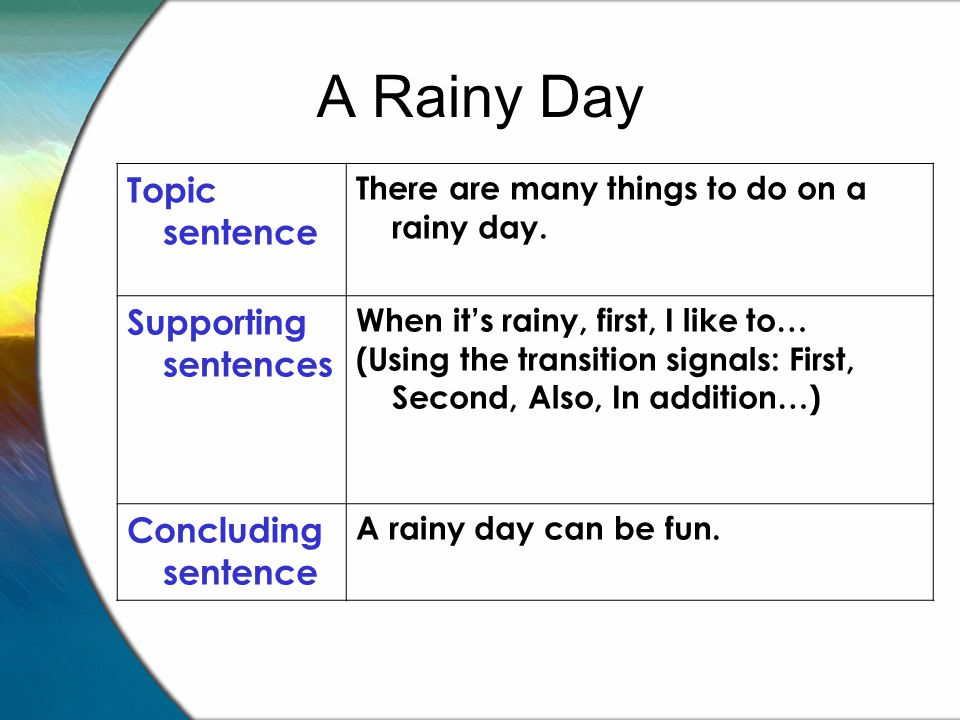A Rainy Day Topic sentence There are many things to do on a rainy day.