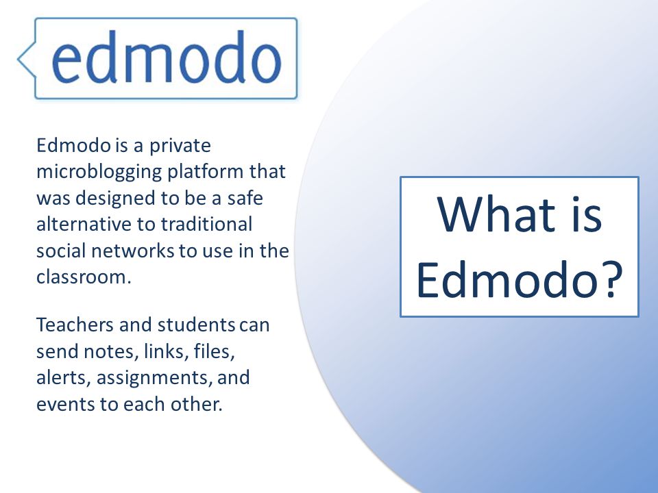Edmodo is a private microblogging platform that was designed to be a safe alternative to traditional social networks to use in the classroom.