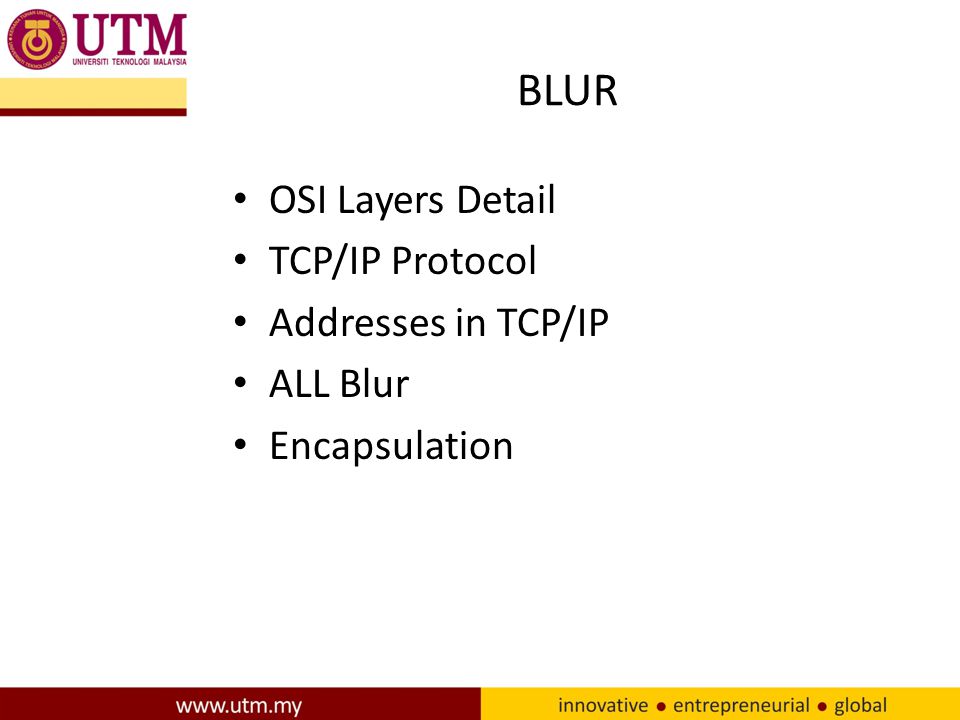 BLUR OSI Layers Detail TCP/IP Protocol Addresses in TCP/IP ALL Blur Encapsulation
