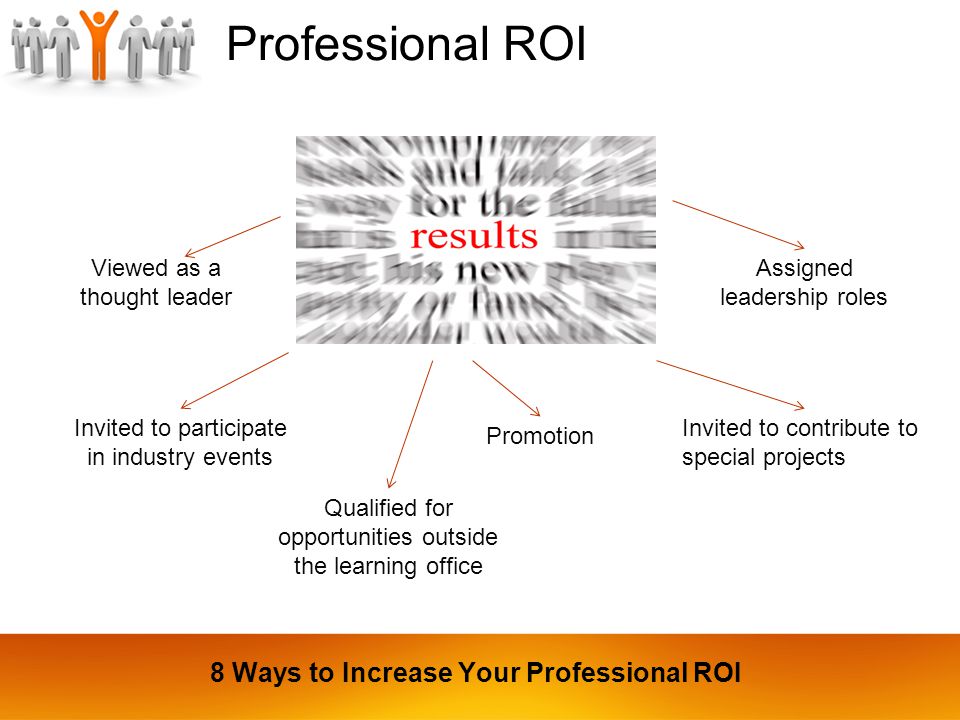 Professional ROI Promotion Qualified for opportunities outside the learning office Assigned leadership roles Invited to participate in industry events Viewed as a thought leader Invited to contribute to special projects 8 Ways to Increase Your Professional ROI
