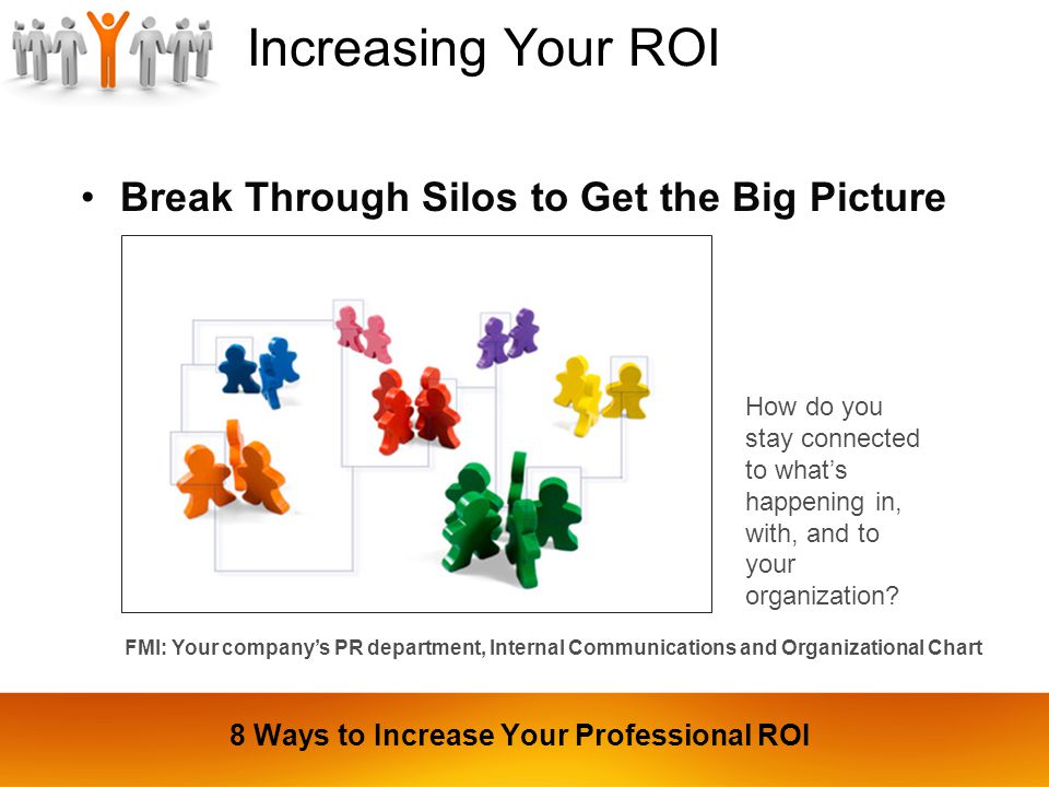 Increasing Your ROI Break Through Silos to Get the Big Picture How do you stay connected to what’s happening in, with, and to your organization.