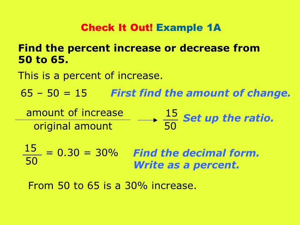 Find the percent increase or decrease from 50 to 65.