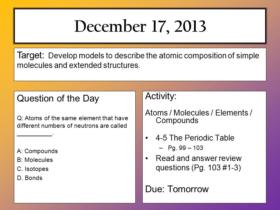 December 17, 2013 Activity: Atoms / Molecules / Elements / Compounds 4-5 The Periodic Table –Pg.