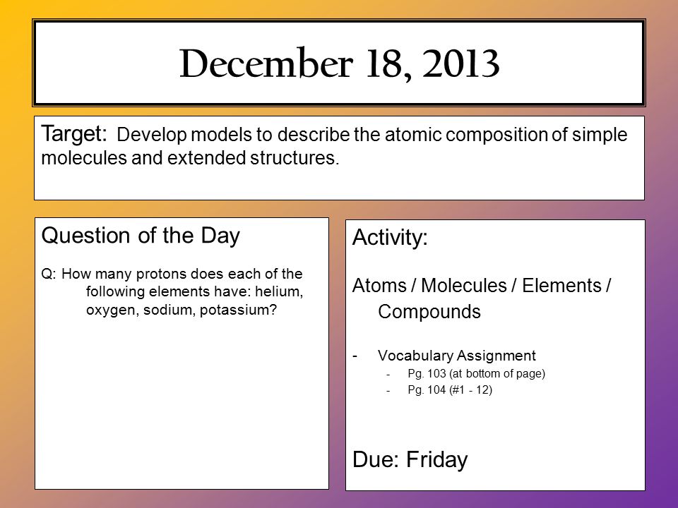 December 18, 2013 Activity: Atoms / Molecules / Elements / Compounds -Vocabulary Assignment -Pg.