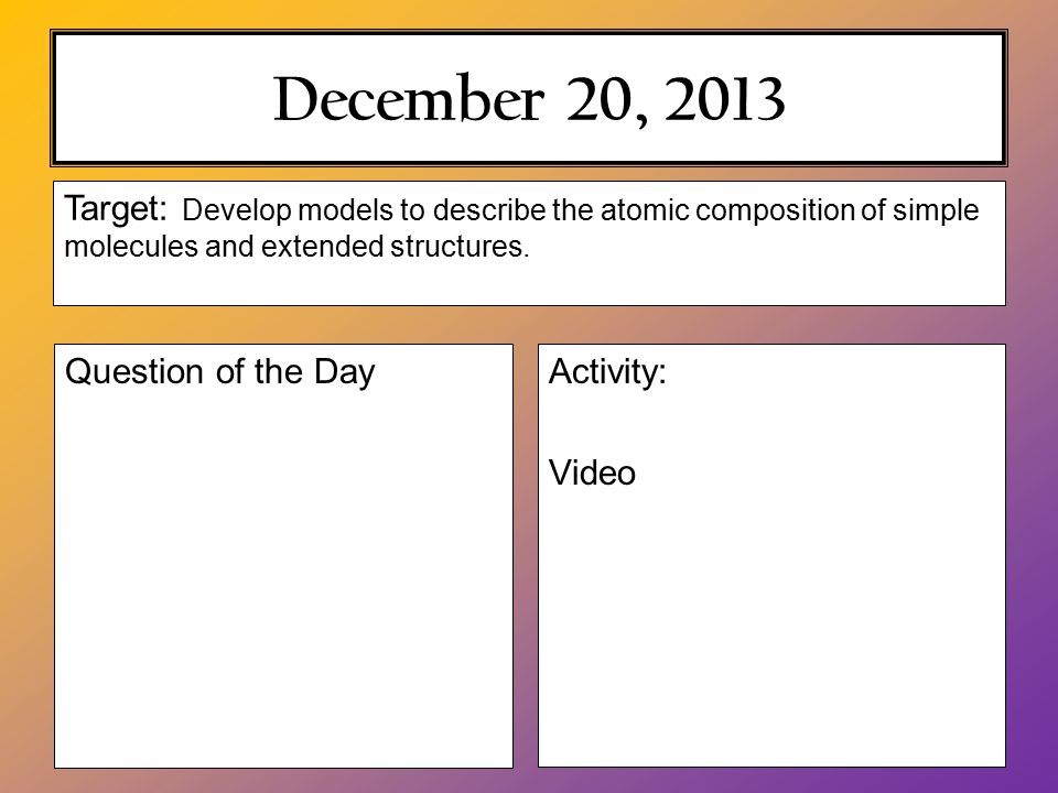 December 20, 2013 Activity: Video Target: Develop models to describe the atomic composition of simple molecules and extended structures.