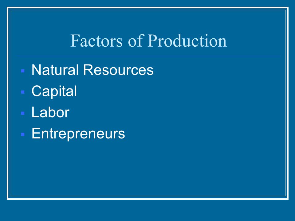 Factors of Production  Natural Resources  Capital  Labor  Entrepreneurs