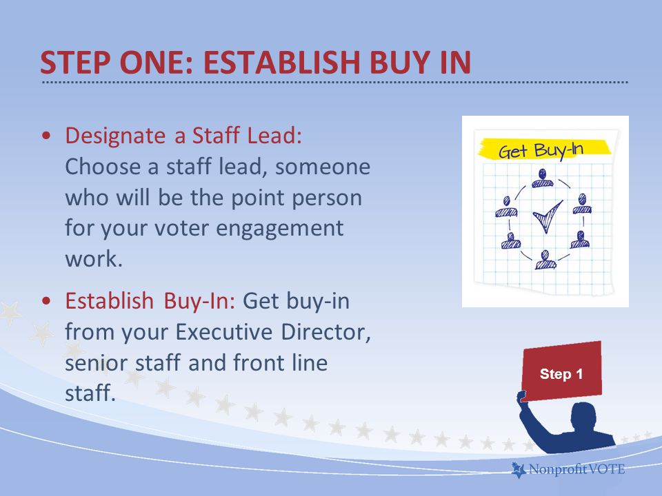 Designate a Staff Lead: Choose a staff lead, someone who will be the point person for your voter engagement work.