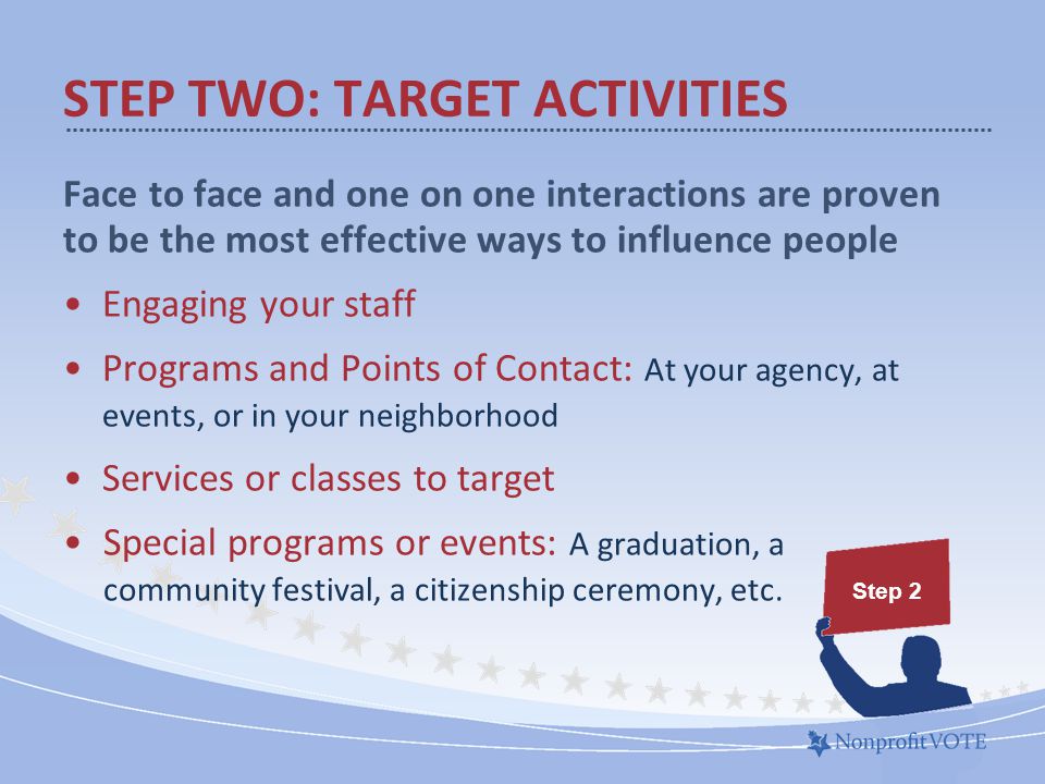 Face to face and one on one interactions are proven to be the most effective ways to influence people Engaging your staff Programs and Points of Contact: At your agency, at events, or in your neighborhood Services or classes to target Special programs or events: A graduation, a community festival, a citizenship ceremony, etc.