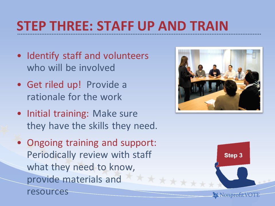 Identify staff and volunteers who will be involved Get riled up.