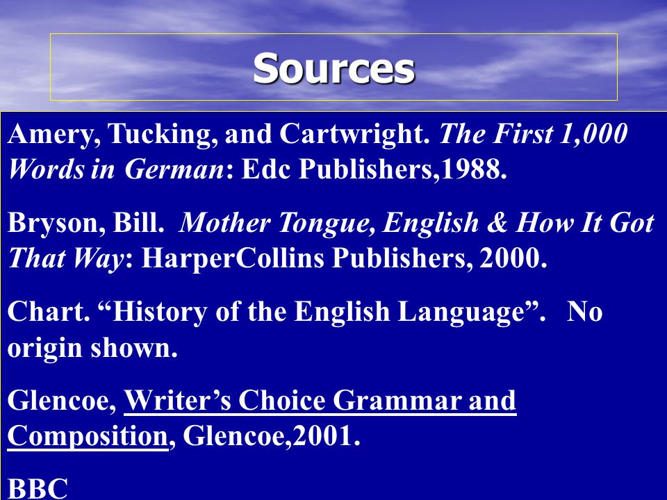 Sources Amery, Tucking, and Cartwright. The First 1,000 Words in German: Edc Publishers,1988.