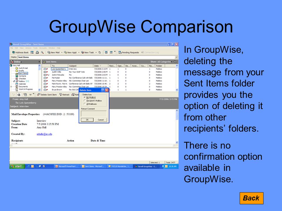 GroupWise Comparison Back In GroupWise, deleting the message from your Sent Items folder provides you the option of deleting it from other recipients’ folders.