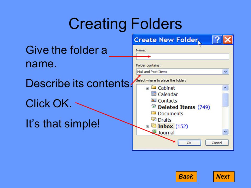 Creating Folders Give the folder a name. Describe its contents.