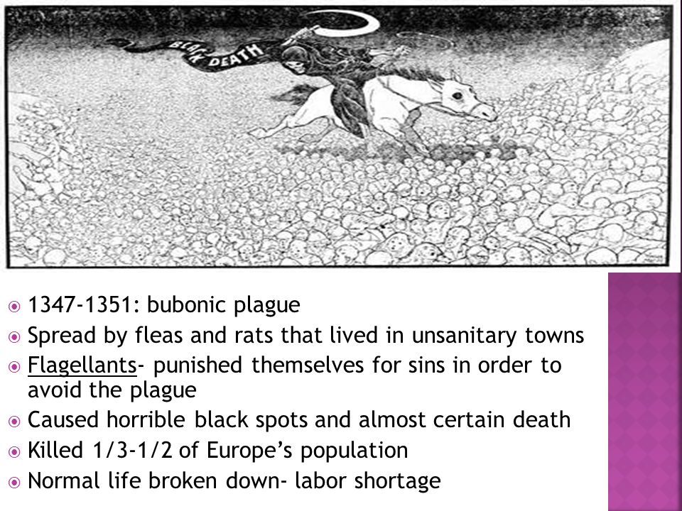  : bubonic plague  Spread by fleas and rats that lived in unsanitary towns  Flagellants- punished themselves for sins in order to avoid the plague  Caused horrible black spots and almost certain death  Killed 1/3-1/2 of Europe’s population  Normal life broken down- labor shortage