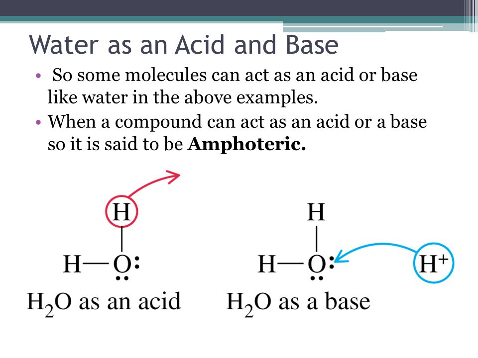 Water as an Acid and Base So some molecules can act as an acid or base like water in the above examples.