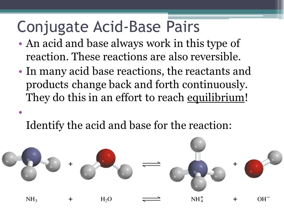 Conjugate Acid-Base Pairs An acid and base always work in this type of reaction.