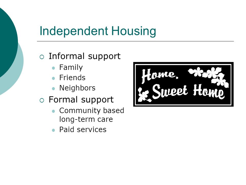 Independent Housing  Informal support Family Friends Neighbors  Formal support Community based long-term care Paid services
